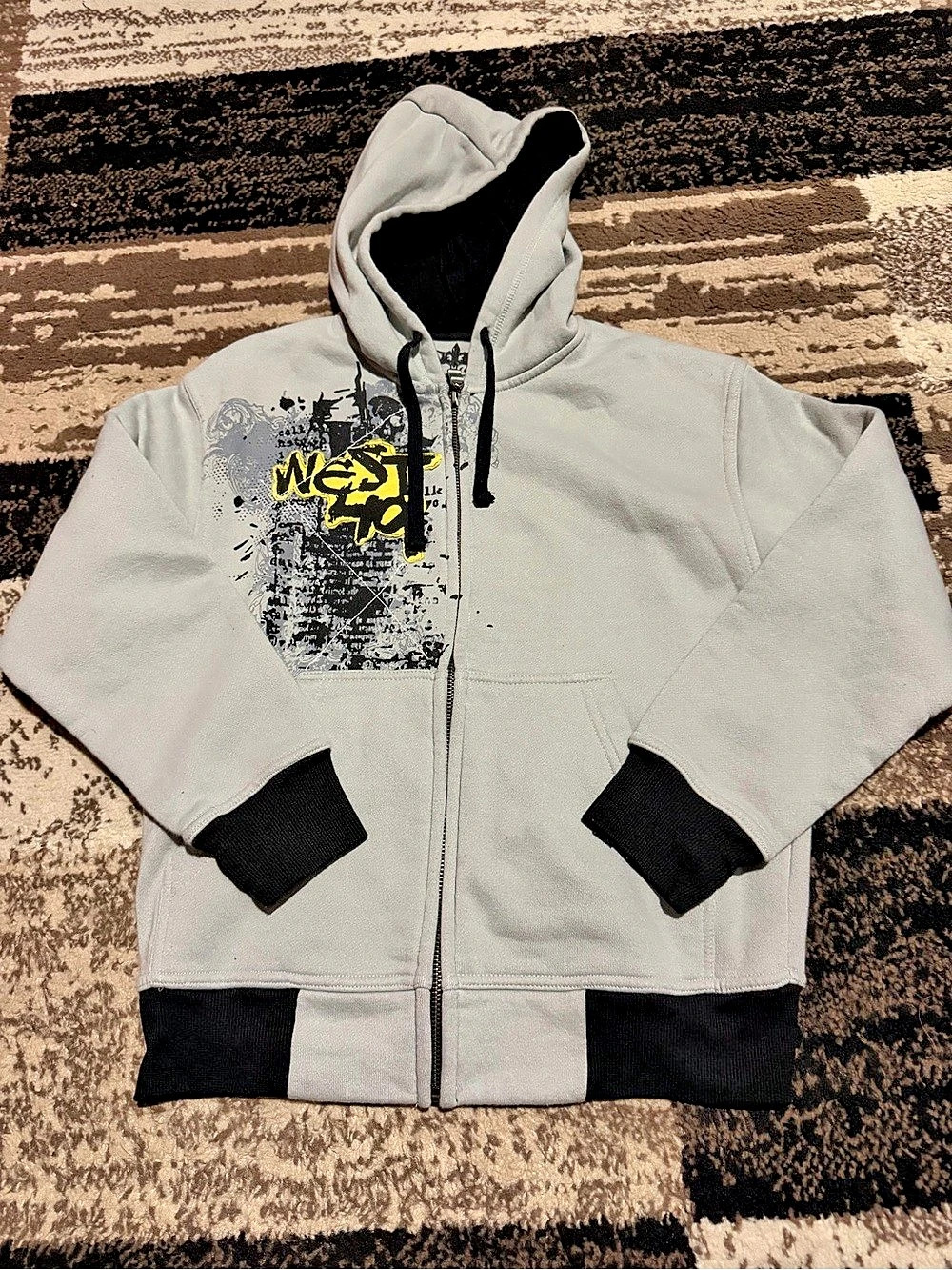 West 49 y2k Gray & Black and yellow Graphics Zip Hoodie